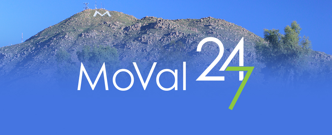 MoVal 24/7 Logo superimpossed on the Moval Mountain with the letter M on it.